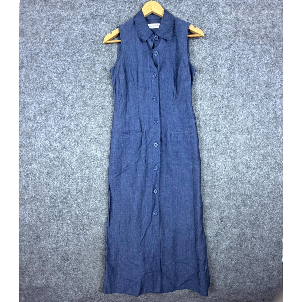 Valerie‎ Stevens Shirt Dress Womens 6P Blue Vintage Linen Maxi Modest Sleeveless